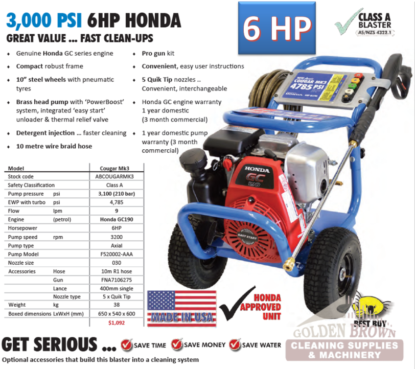 Aussie Pumps COUGAR MK3 3000PSI 6HP HONDA Pressure Washer MADE IN USA
